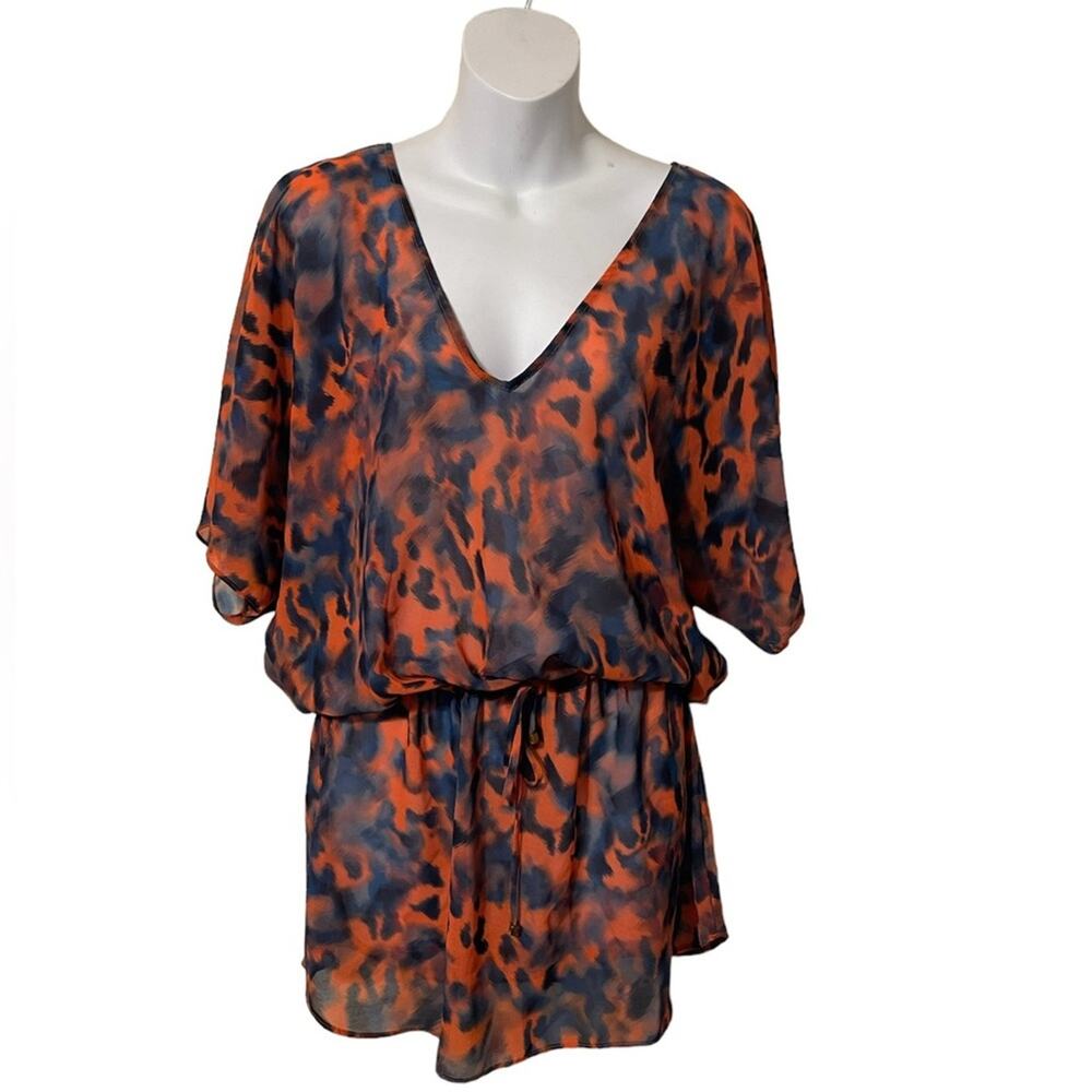 VIX by Paula Hermanny orange and blue sheer tie waist cover up